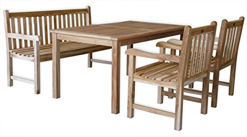 KMH®, Teak Gartensitzgruppe "Classic" mit 150 cm langem Tisch, Bank und zwei Sessel bietet Platz für 5 Personen (#102203)