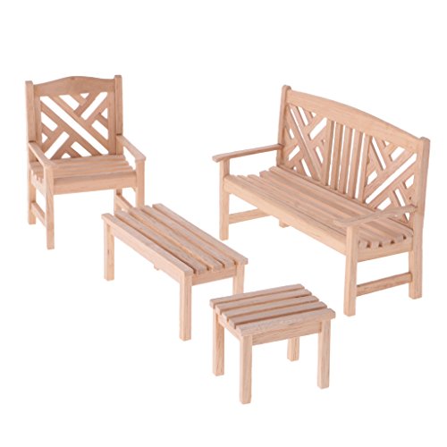 MagiDeal 4 Stück / Set 1:12 Puppenhaus Miniatur Holz Gartenmöbel Set - Schemel + Tisch + Doppelstuhl + Einzelstuhl