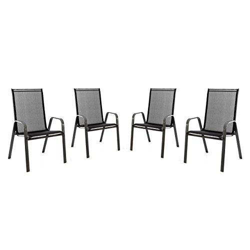 Nexos 4er Set Stapelstuhl für Balkon Terrasse Garten-Stuhl mit Armlehne Textilene 2x1 schwarz Gestell anthrazit Hochlehner Stahlstuhl 55x72x97 cm bis 110 kg belastbar, stapelbar, witterungsbeständig
