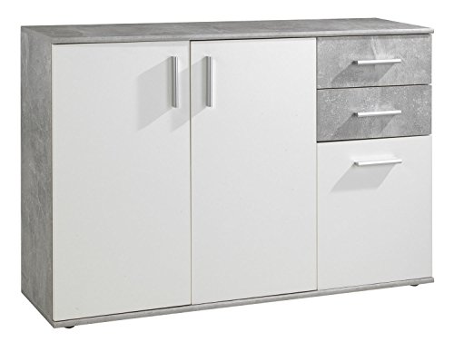 Kommode Sideboard Anrichte BENITO | Weiß | Betonoptik | 2 Schubladen | 3 Türe | 120x82x35 cm