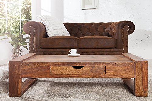 DuNord Design Massivholz Couchtisch Wohnzimmertisch Sheesham Massiv Holz Tisch GOA Holztisch 100cm Schublade