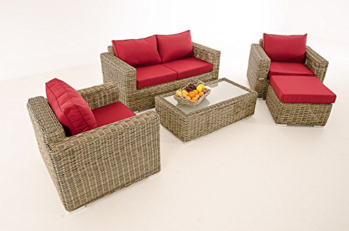 Mendler 2-1-1 Gartengarnitur CP050 Sitzgruppe Lounge-Garnitur Poly-Rattan ~ Kissen Rubinrot, Natur