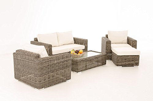 Mendler 2-1-1 Gartengarnitur CP050 Sitzgruppe Lounge-Garnitur Poly-Rattan ~ Kissen cremeweiß, Grau-Meliert