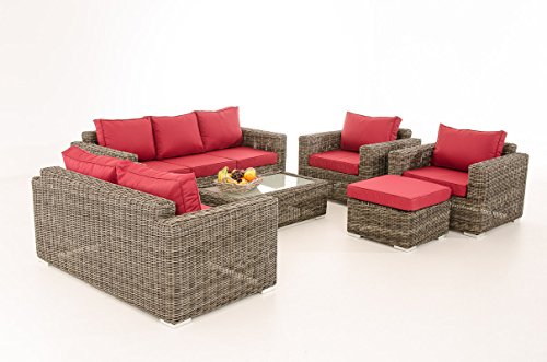 Mendler 3-2-1-1 Sofa-Garnitur CP050 Lounge-Set Gartengarnitur Poly-Rattan ~ Kissen Rubinrot, Grau-Meliert