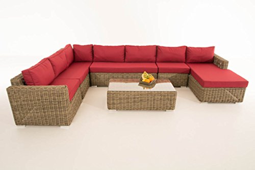 Mendler Sofa-Garnitur CP054, Lounge-Set Gartengarnitur, Poly-Rattan ~ Kissen Rubinrot, Natur