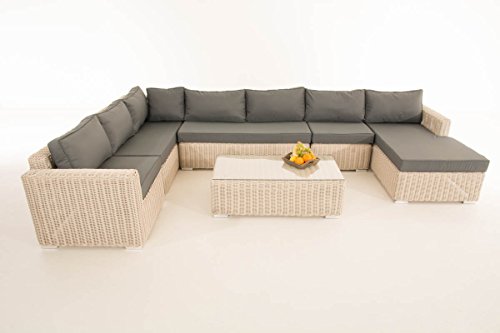 Mendler Sofa-Garnitur CP054, Lounge-Set Gartengarnitur, Poly-Rattan ~ Kissen eisengrau, perlweiß