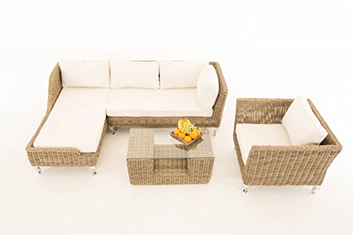 Mendler Sofa-Garnitur CP055, Lounge-Set Gartengarnitur, Poly-Rattan ~ Kissen Creme, Natur
