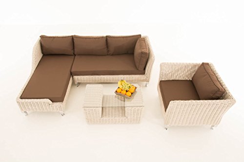 Mendler Sofa-Garnitur CP055, Lounge-Set Gartengarnitur, Poly-Rattan ~ Kissen terrabraun, perlweiß