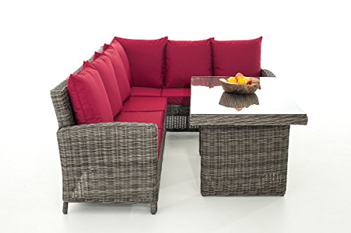 Mendler Sofa-Garnitur CP056, Lounge-Set Gartengarnitur, Poly-Rattan ~ Kissen Rubinrot, Grau-Meliert