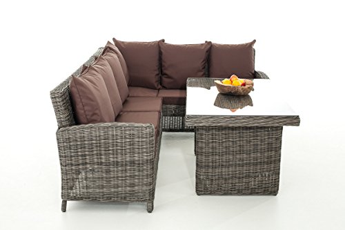 Mendler Sofa-Garnitur CP056, Lounge-Set Gartengarnitur, Poly-Rattan ~ Kissen terrabraun, Grau-Meliert