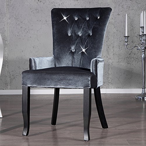 Invicta Interior Design Stuhl BOUTIQUE mit Armlehne Samt Stoff silber grau mit Strass Steinen Esszimmer