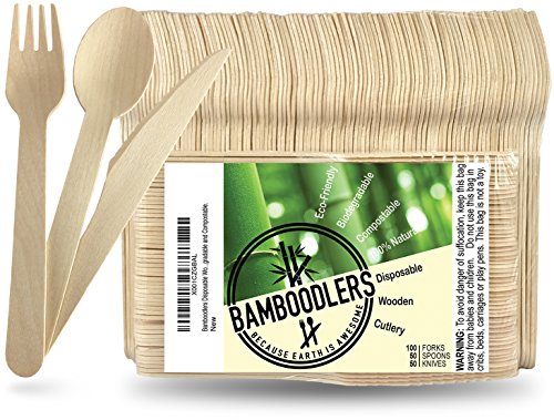 Bamboodlers Einwegbesteck Set aus Holz | 100% Natürlich, Umweltfreundlich, Biologisch abbaubar und Kompostierbar -Der Umwelt zuliebe! – 200er Pack, 16,5cm Besteck (100 Gabeln, 50 Löffel, 50 Messer)