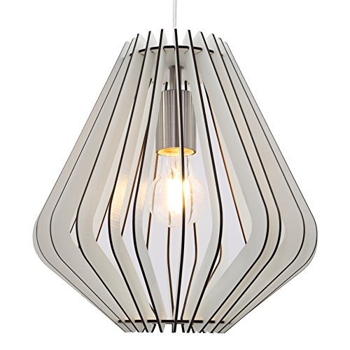 Briloner Leuchten – Pendelleuchte, Lampenschirm aus weißem Holz, Wohnzimmerlampe, retro/vintage, Pendellampe, E27, max. 40W, matt-nickel