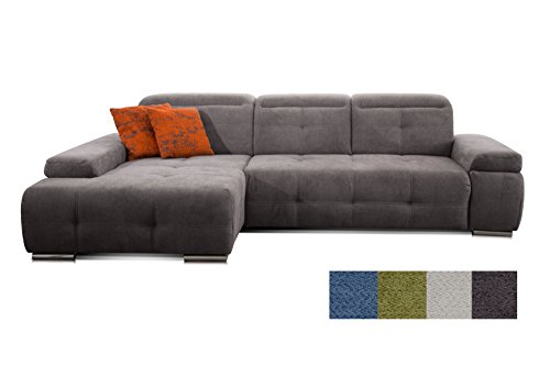 CAVADORE Schlafsofa Mistrel mit Longchair XL links / Große Eck-Couch im modernen Design / Mit Bettfunktion / Inkl. verstellbare Kopfteile / Wellenunterfederung /  273 x 77 x 173 cm(B x H x T) / Grau