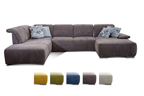 CAVADORE Wohnlandschaft Tabagos / U-Form mit Ottomane links / XXL Couch mit Sitztiefenverstellung / Kopfteilverstellung / 364 x 85 x 248 / Grau