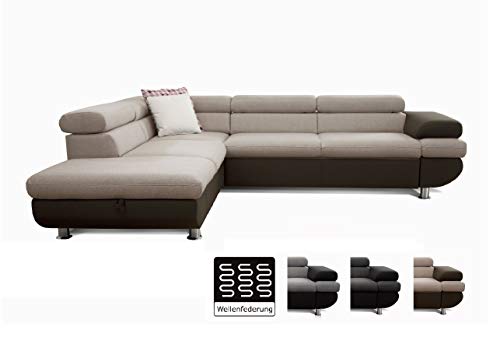 Cavadore Ecksofa Caponelle mit Ottomanen links / Moderne zweifarbige Couch inkl. Kopfstützen / 267 x 72 x 226 cm (BxHxT) / Strukturstoff beige - braun