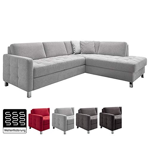 Cavadore Sofa Paolo mit gesteppter Sitzfläche / Hellgraues Ecksofa mit Wellenunterfederung / Modernes Design / 233 x 80 x 196  /  Hellgrau