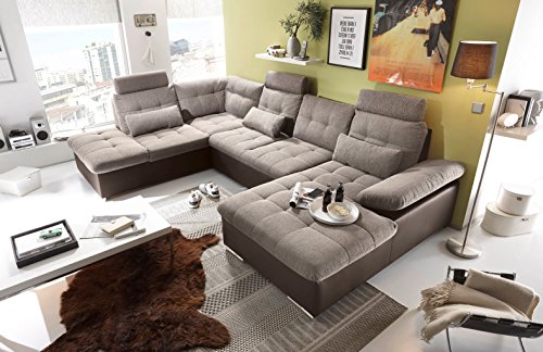 Couch "Jakarta" Wohnlandschaft Sofa Lederlook Schlaffunktion Schlafsofa braun grau Ottomane links 324 cm