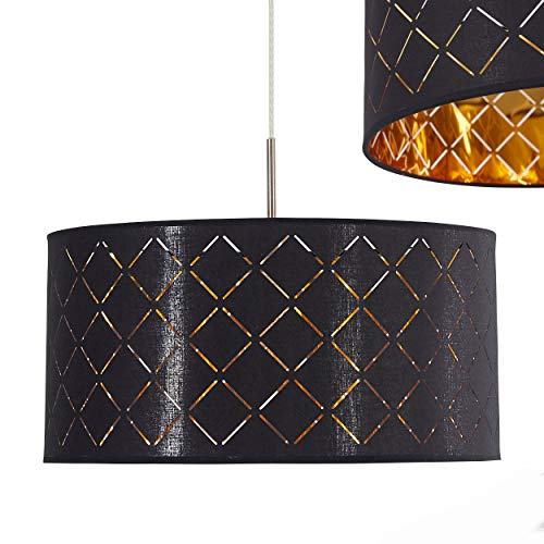 Hängeleuchte Meldal aus Stoff in Schwarz und Gold – exotische Deckenlampe mit rundem Lampenschirm – Zimmerlampe für Esszimmer – Wohnzimmer – Schlafzimmer – E27-Fassung - LED geeignet