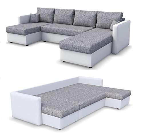 OSKAR Wohnlandschaft King Size 290 x 140 cm Weiß Grau - Sofa mit Schlaffunktion Schlafsofa Couch Bettfunktion Polsterecke