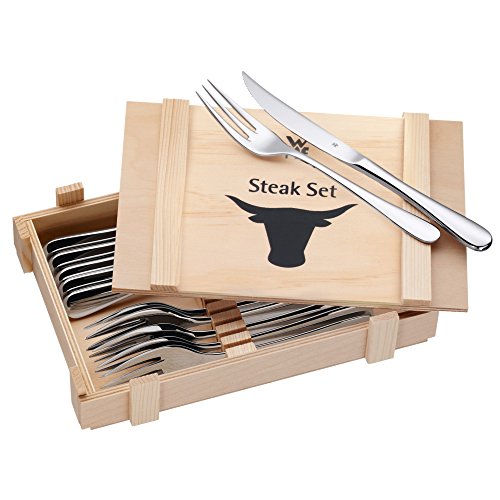 WMF Steakbesteck, 12-teilig, Steakgabel Steakmesser für 6 Personen, Cromargan Edelstahl poliert, in Holzkiste