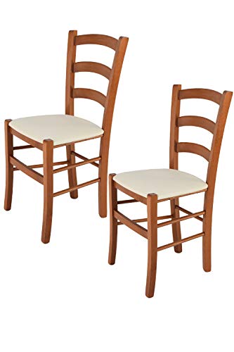 Tommychairs - 2er Set Stühle Venice für Küche und Esszimmer, Struktur aus lackiertem Buchenholz im Farbton Kirschholz und gepolsterte Sitzfläche mit Stoff in der Farbe Elfenbein bezogen