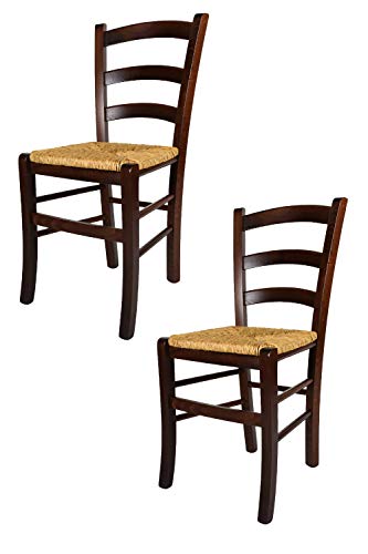 Tommychairs 2er Set: Stühle für die Küche und Esszimmer, Robuste Struktur aus Buchenholz, im Farbton Nuss und Sitzfläche in strohähnlicher Struktur. Set Bestehend aus 2 Stühlen Venezia