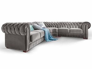 Moebella Chesterfield Ecksofa Samt Stoff Grau Silber Knopfheftung Massivholz Füße Designer Couch