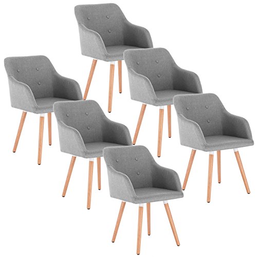 WOLTU 6 x Esszimmerstühle 6er Set Esszimmerstuhl Küchenstuhl Polsterstuhl Design Stuhl mit Armlehne, mit Sitzfläche aus Leinen, Gestell aus Massivholz, Hellgrau BH88hgr-6