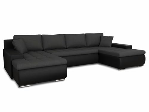 Wohnlandschaft mit Schlaffunktion Faris U-Form - Couch, Schlafsofa mit Bettkasten, Couchgranitur mit Bettfunktion, Big Sofa, Bettsofa (Schwarz + Graphit (Madryt 1100 + Inari 94))