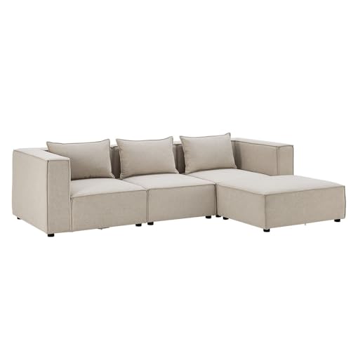 Juskys modulares Sofa Domas L - Couch für Wohnzimmer - 3 Sitzer - Ottomane, Armlehnen & Kissen - Ecksofa Eckcouch Ecke - Garnitur Stoff Beige