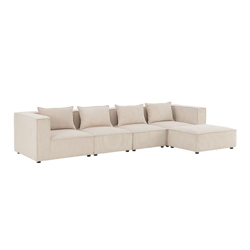 Juskys modulares Sofa Domas XL - Couch für Wohnzimmer - 4 Sitzer - Ottomane, Armlehnen & Kissen - Ecksofa Eckcouch Ecke - Wohnlandschaft Cord Beige