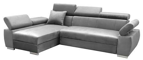 MEBLE-LUX - Ecksofa OTTO, Eckcouch mit Schlaffunktion, Federkern, Verstellbare Kopfstützen, Einfacher Klappmechanismus, Bettfunktion, Zusätzlicher Stauraum, Plüsch Grau, Links