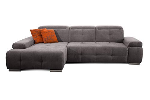 CAVADORE Ecksofa Mistrel mit Longchair XL links / Große Eck-Couch im modernen Design / Inkl. verstellbaren Kopfteilen / Wellenunterfederung / 273 x 77 x 173 / Kati Fango