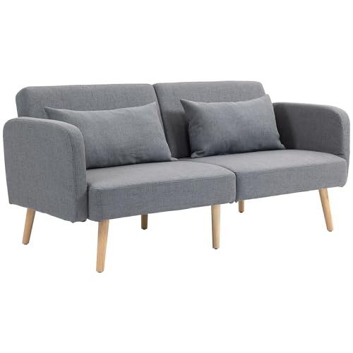 HOMCOM Schlafsofa, 2-Sitzer Klappbett mit Bettfunktion, 2 Wurfkissen, 3-Sitzer Polstersofa mit Verstellbarer Rückenlehne, Leinenoptik, für Wohnzimmer, Schlafzimmer, 170 x 83 x 80 cm, Grau