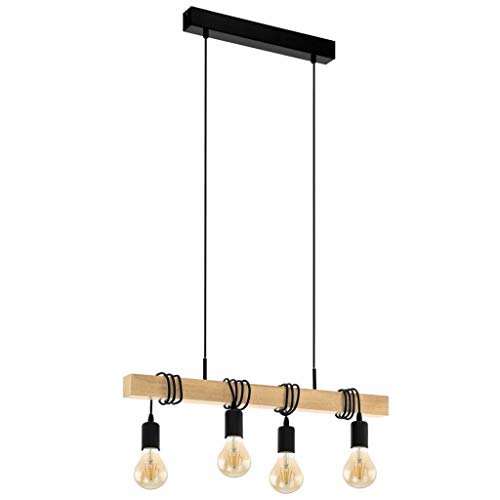 EGLO Pendelleuchte Townshend Holz Vintage, Hängelampe Esszimmer, Hängeleuchte 4-flammig, rustikale Retro Lampe im Industrial Design mit E27 Fassung, Pendellampe schwarz, braun