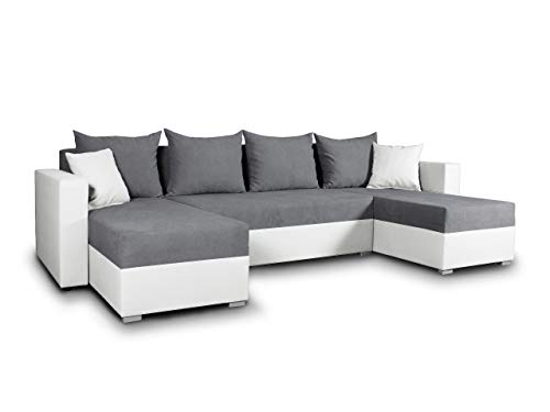 Wohnlandschaft mit Schlaffunktion Beno - U-Form Couch, Ecksofa mit Bettkasten, Couchgranitur mit Bettfunktion, Polsterecke, Big Sofa, Polstergarnitur (Weiß + Dunkelgrau (Cayenne 1111 + Enjoy 23))