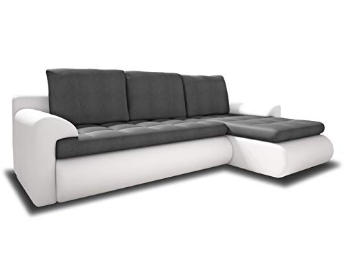 Ecksofa Santi II mit schmutzabweisender Stoff - Couchgarnitur mit Schlaffunktion und Bettkasten, Couch, Polsterecke, Schlafsofa (Weiß + Grau (Madryt 120 + Trinity 14), Rechts)