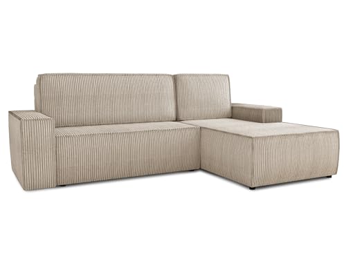 Ecksofa Totti L mit Schlaffunktion und Bettkasten - Cord Stoff - L-Form Couch, Polstersofa, Schlafsofa, Sofagarnitur (Beige (Poso 100), Ecksofa Rechts)