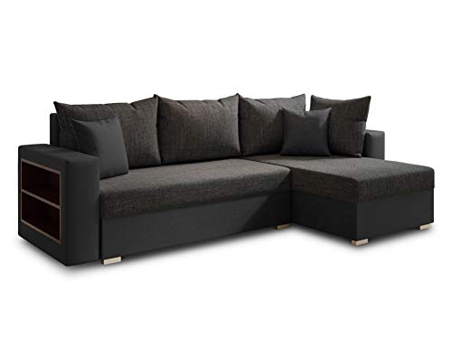 Ecksofa Lord mit Regal und Schlaffunktion - Sofa mit Bettkasten, Schlafsofa, Polsterecke, Couch L-Form, Couchgarnitur, Sofagarnitur (Schwarz + Schwarz (Dolaro 08 + Berlin 02), Ecksofa Rechts)