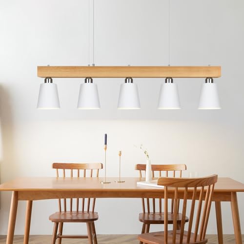 ZMH Pendelleuchte Esstisch Hängelampe Weiß - Esstischlampe Esszimmer Pendellampe Holz Modern Hängeleuchte E27 Küche 5 Flammig Weiß Esszimmerlampe für Flur Hotel Wohnzimmer (ohne Leuchtmittel)