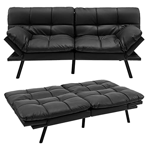 GOPLUS Couch Schlafsofa, Klappsofa mit Schlaffunktion, 2 Sitzer Sofa mit Verstellbarer Armlehnen, Rückenlehne neigbar 105°/145°/180°, Liegefläche 182 x 106,5 cm, Sofabett für Wohnzimmer (Schwarz)