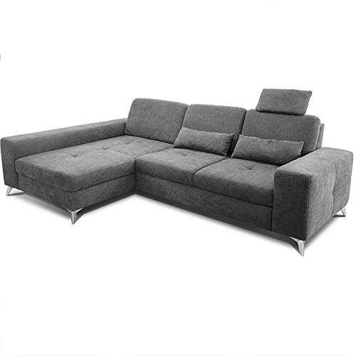 CAVADORE Ecksofa Bali / Trendige Sofaecke mit Longchair links & Federkern / Inkl. Sitztiefenverstellung, Kopfstütze & Nierenkissen / 286 x 92 x 176 / Flachgewebe: Grau