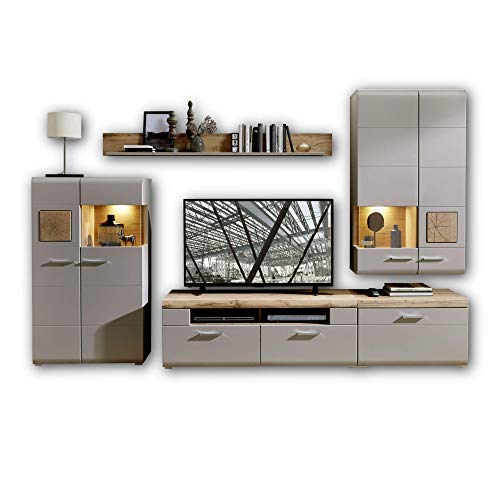 Stella Trading FUN PLUS 2 Wohnwand Komplett-Set mit schönen Hirnholz-Applikationen & Basalt Dekor - Schrankwand für Ihr Wohnzimmer - 320 x 205 x 47 cm (B/H/T)