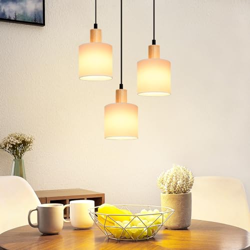 Glitzerlife Pendelleuchte Holz Esstischlampe Vintage - Hängelampe Esstisch E14 Hängeleuchte Weiß Pendellampe 3 Flammig Rund Esstischlampe für Esszimmer Restaurant Küche Schlafzimmer Arbeitszimmer