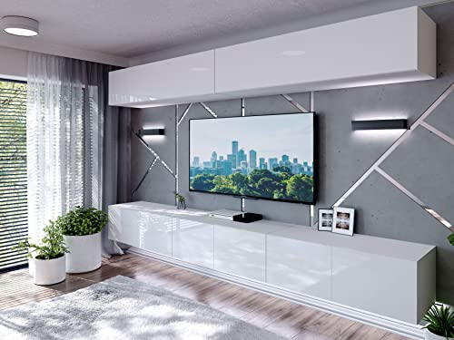 Domando Wohnwand Imperia M2 Modern für Wohnzimmer Breite 300cm, variabel hängbar, Push-to-Open-System, LED Beleuchtung in weiß, Hochglanz in Weiß Matt und Weiß Hochglanz