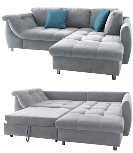 Modernes Ecksofa mit Schlaffunktion 250x190 cm, Wellenunterfederung mit Komfortschaum, L-Couch, Longchair Ottomane rechts, Bezug Mikrofaser Grau, 2 Zierkissen Blau / 17109