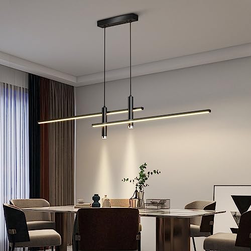 Moderne LED Pendelleuchte Esstisch Hängelampe Dimmbar Mit Fernbedienung Esszimmer Hängeleuchte Esszimmerlampe Pendellampe Höhenverstellbar Kronleuchter für Büro Hängeleuchte (Schwarz, L150cm)