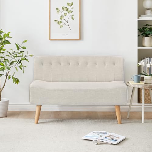 Litake 2-Sitzer Sofa, Stoffsofa Polstersofa Doppelsofa in Leinenoptik und Holzbeinen Loveseat Retro-Look Sitzmöbel für kleine Räume/Wohnzimmer/Schlafzimmer/Spielzimmer, Beige 117 x 56 x 78 cm