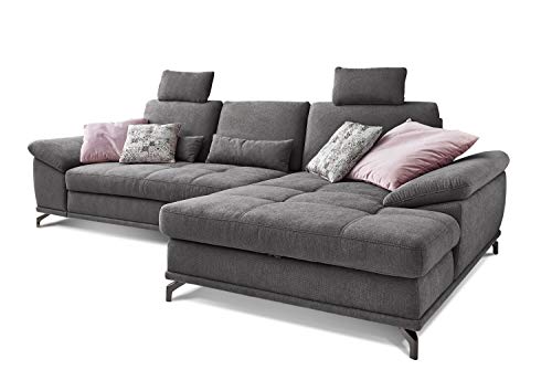 Cavadore Ecksofa Castiel mit Federkern / Großes Sofa in L-Form mit Sitztiefenverstellung, Kopfstützen und XL-Longchair / 312 x 114 x 173 / Webstoff, Grau